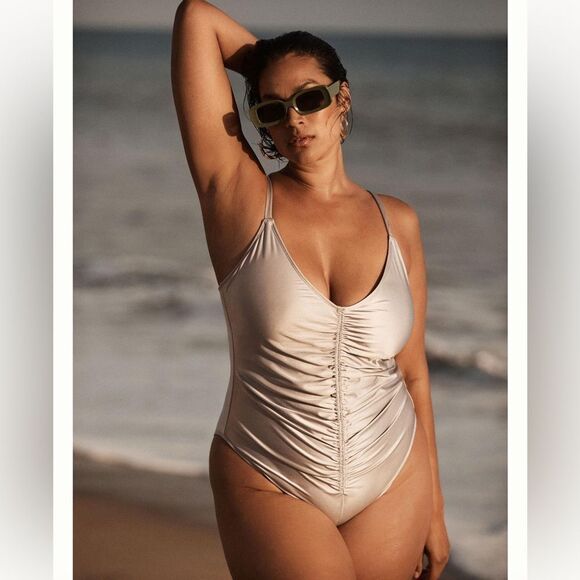GOOD AMERICAN Silver Satin One Piece‎ Swimsuit Always Ruched Size 7 4X 4XL New - Picture 12 of 13